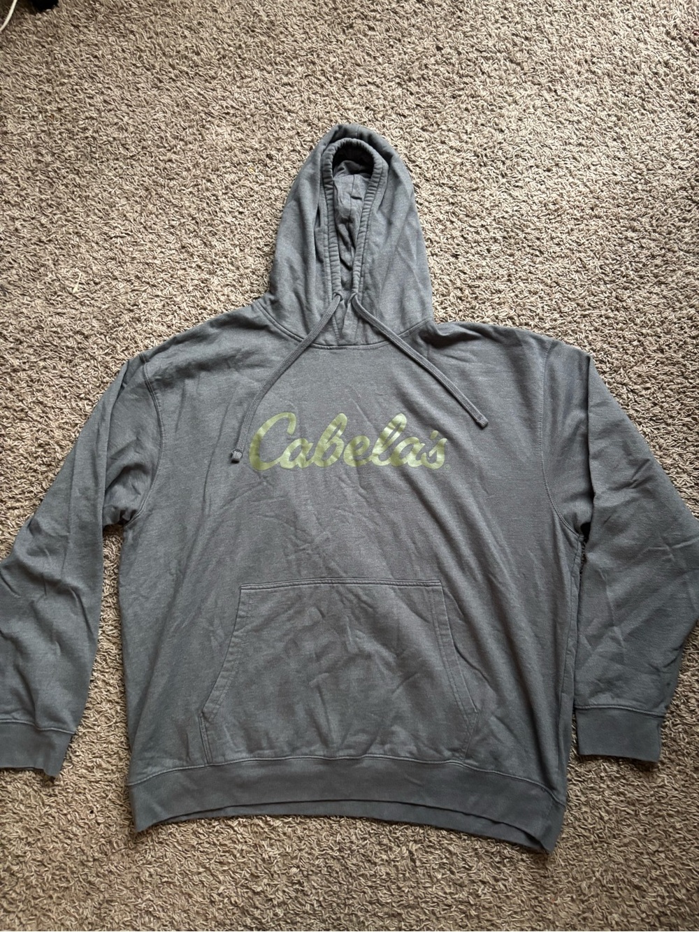 Cabela's Gray Hooded Sweatshirt with Olive Script Logo